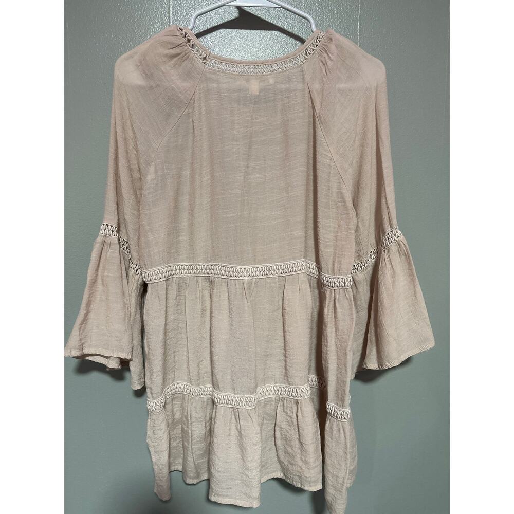 Spense Beige Boho Peasant Blouse Medium Crochet Trim Bell Sleeve Flowy Tunic - Picture 2 of 3